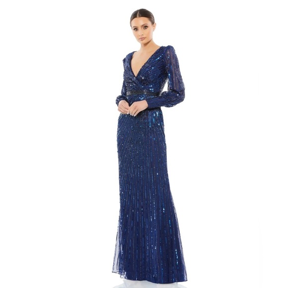 Mac Duggal 5501 NWT SEQUINED WRAP OVER BISHOP SLEEVE GOWN - Picture 2 of 12